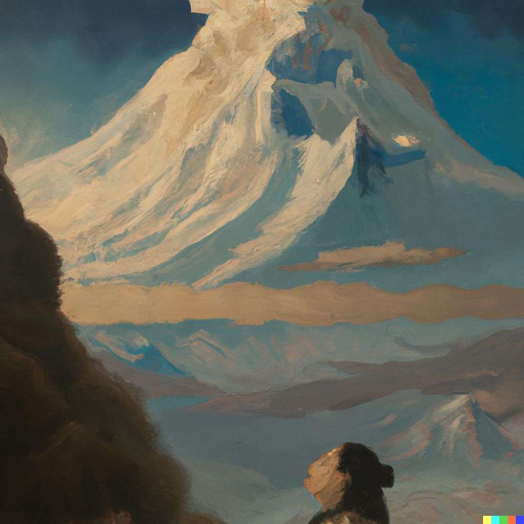 someone gazing at Mount Everest, painting from the 18th century